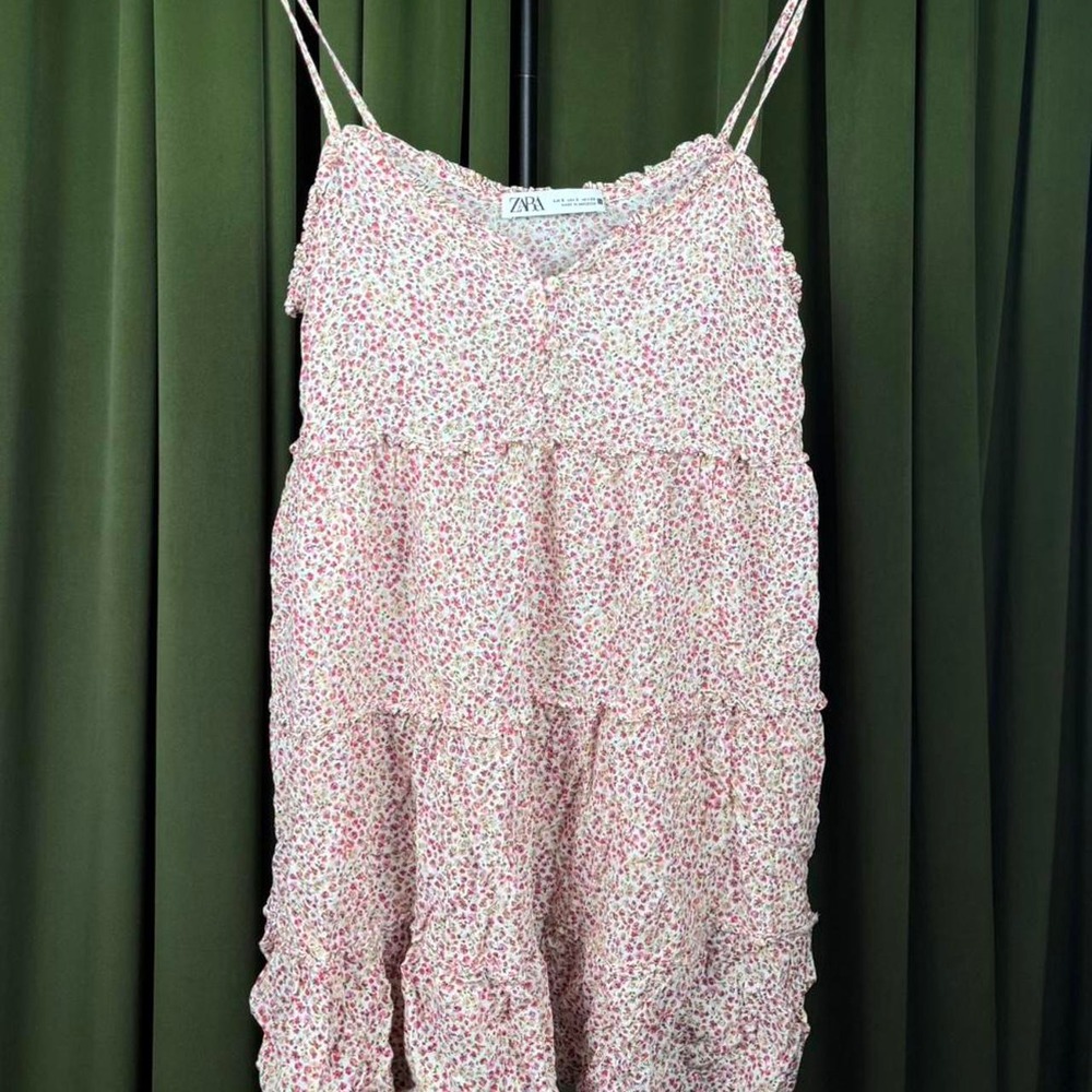 Zara Womens Pink Floral Mini Dress Adjustable Straps Tiered Ruffle Size S